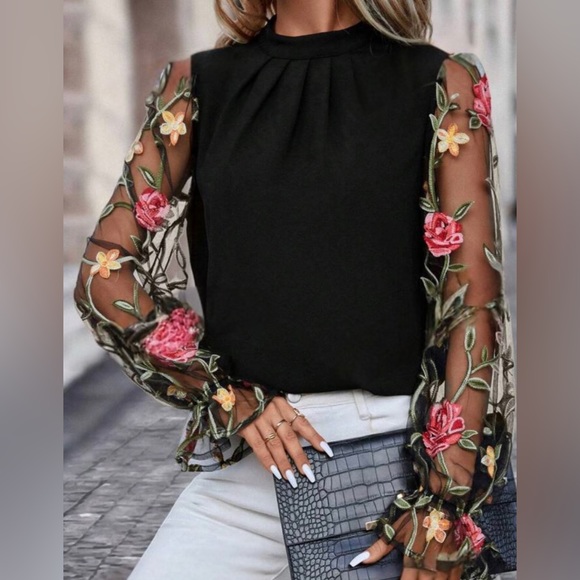 Luxe black floral embroidered mesh sleeve blouse